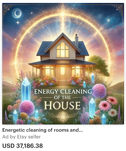 Illustration of a house surrounded by glowing crystals and flowers promoting energetic house cleaning, spiritual home cleansing service ad