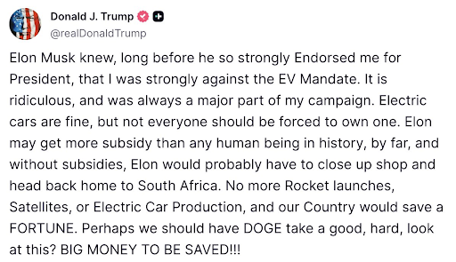 Screenshot of Donald Trump criticizing the EV mandate and Elon Musk's government subsidies in a social media post on X (formerly Twitter)