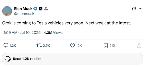 Screenshot of Elon Musk’s tweet announcing Grok AI integration into Tesla vehicles, stating rollout will begin next week at the latest